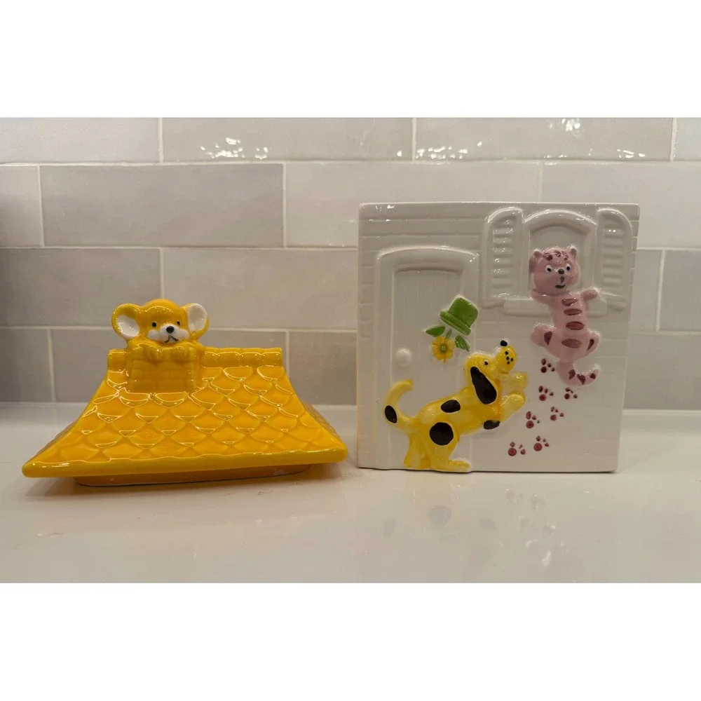 Cookie Jar House Dog Cat Mouse Large White Yellow Ceramic Vintage